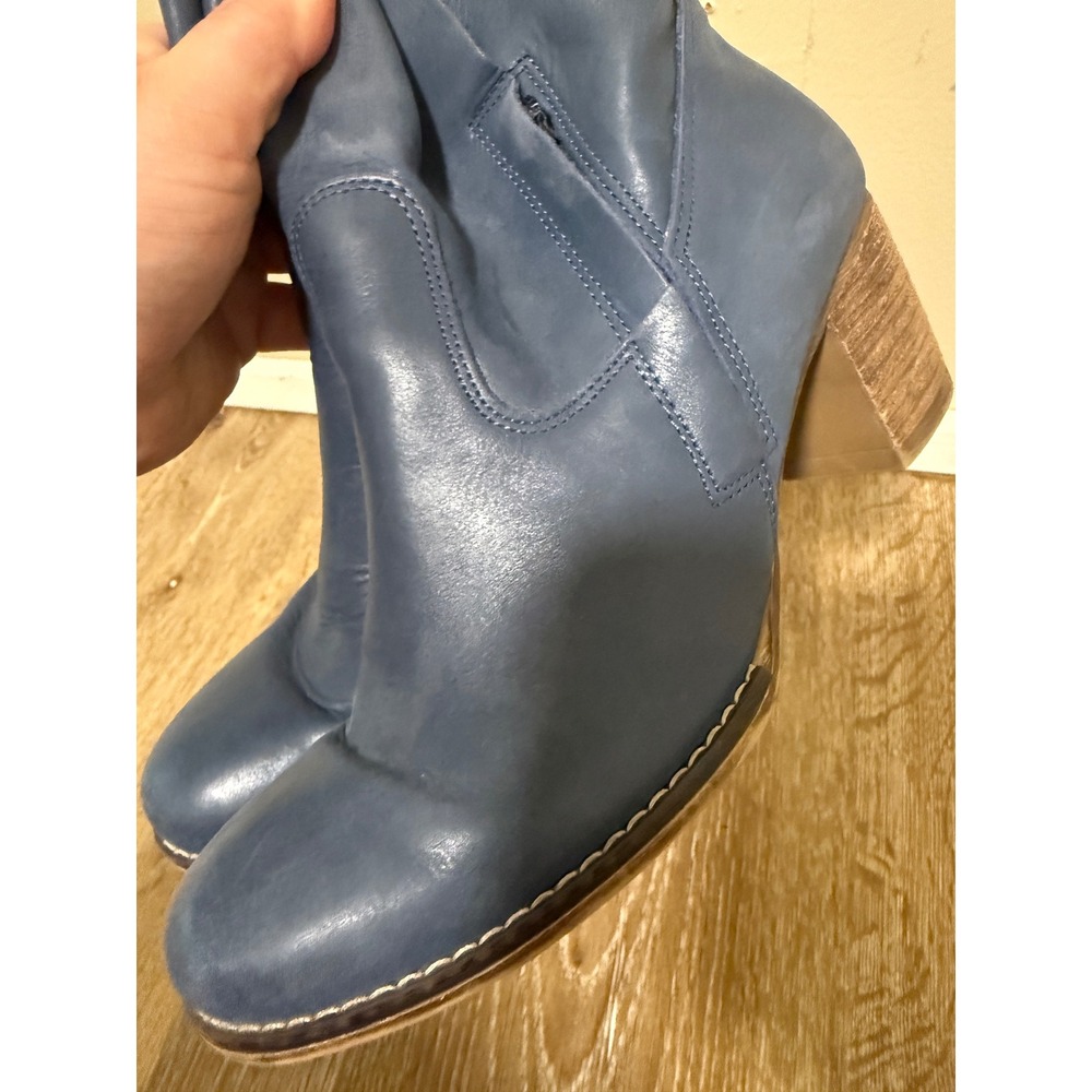 Fatte A Mano Italia Womens 38 Blue Leather Ankle Boots Block Heel Side Zip Boho - Picture 12 of 13